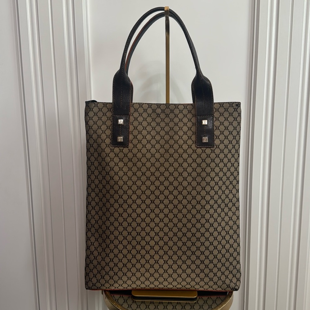 Celine Brown Monogram Canvas Satchel with Dark Brown Trim